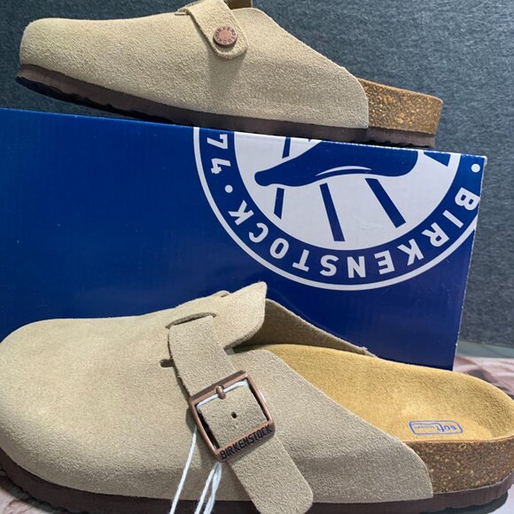 Birkenstock Boston Classic Taupe Suede Leather Unisex Soft Clog Shoes - Picture 4 of 5